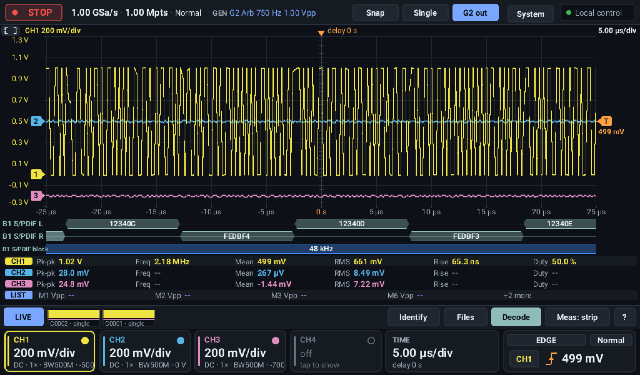 A 48 kHz S/PDIF line decoded on our MHO934, from its own generator