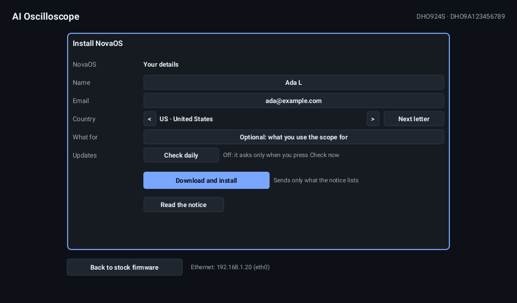 The one form: name, email, country, whether to look for updates daily; Download and install sends only what the notice lists