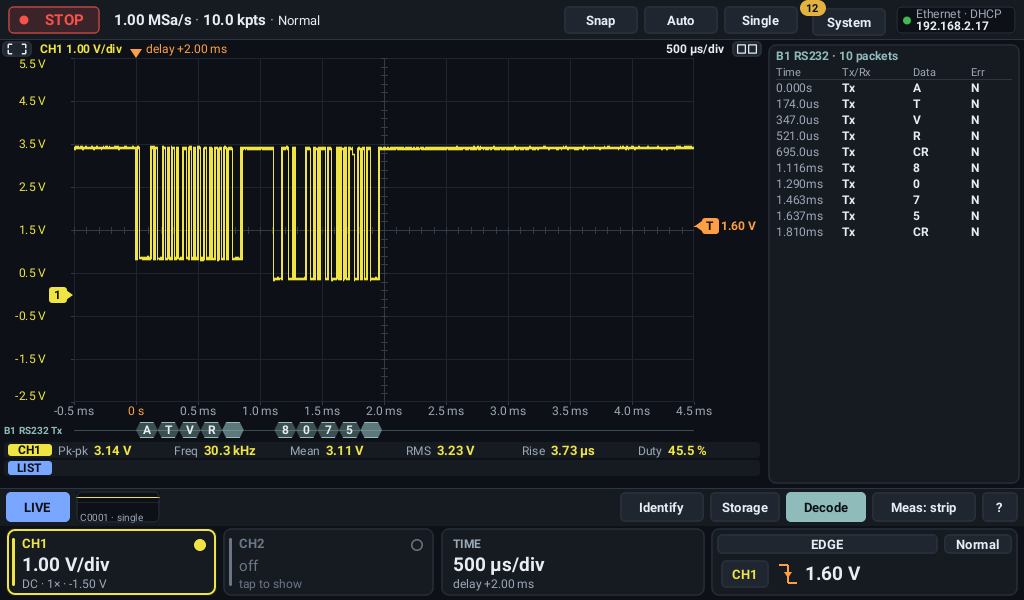 Oscilloscope screen decoding a 3.3 V UART serial signal from an XBee-PRO S3B radio: the RS232 decoder shows ATVR and the reply 8075 under their bits