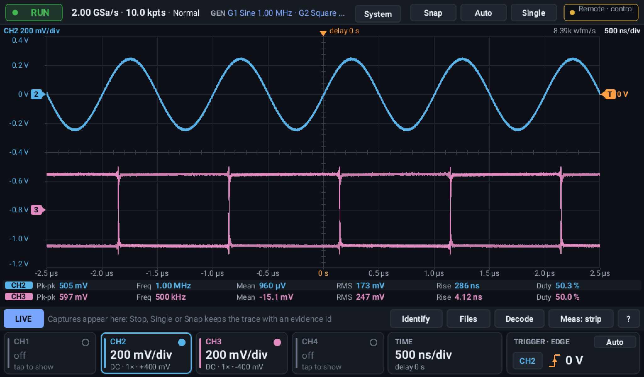 Sine and square from the MHO934's two generators with measurements, running NovaOS