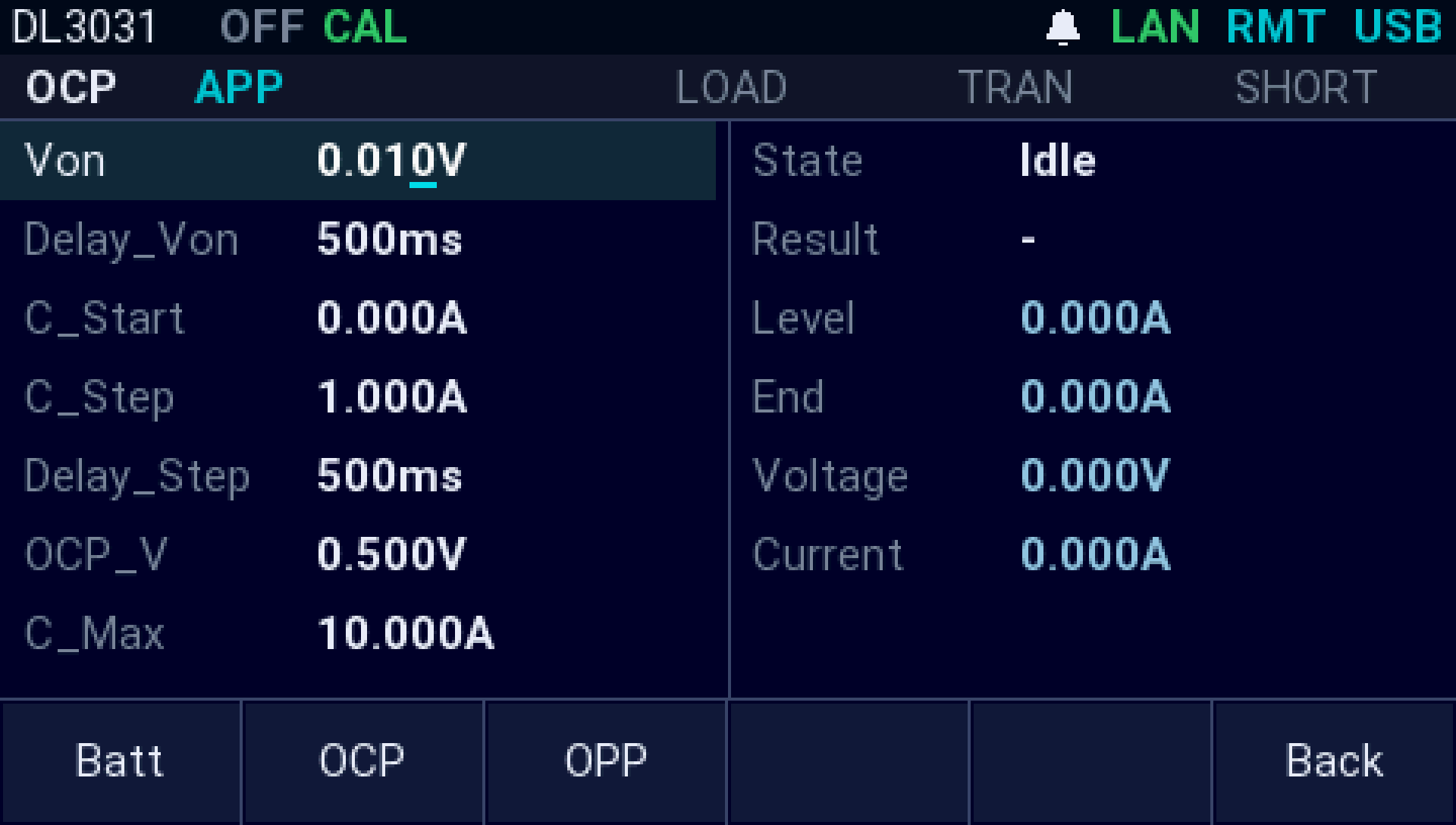 The AI firmware on a Rigol DL3031: The OCP test, idle, with the status bar naming the test: Von, its delay, the start current, step and step delay, OCP_V and C_Max on the left; the state, result, level, end level and readings on the right