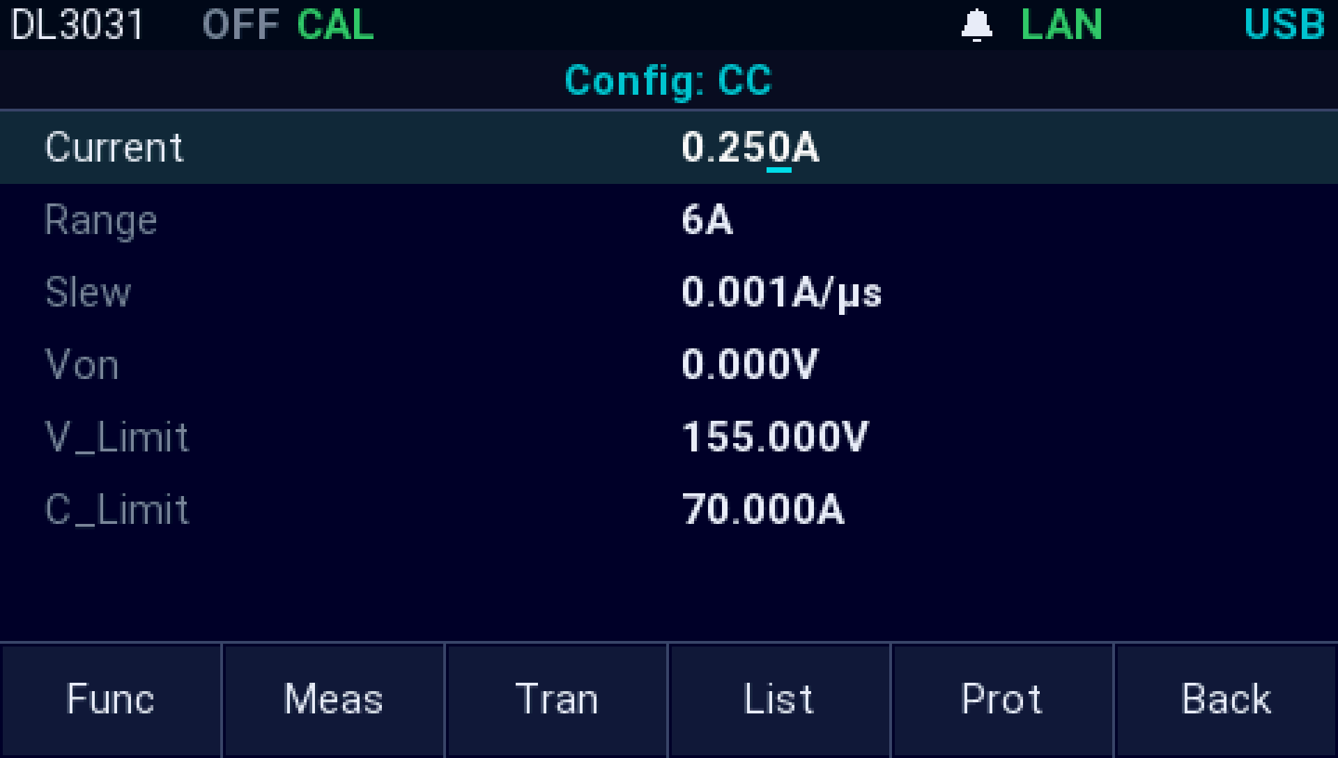 The AI firmware on a Rigol DL3031: Config: CC: the mode's settings in one list, the level, range, slew, Von, V_Limit and C_Limit