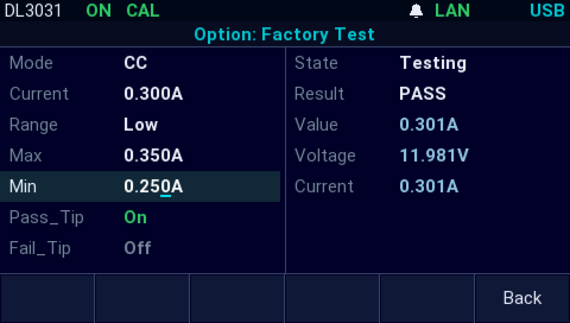 The AI firmware on a Rigol DL3031: The factory test in CC at 0.300 A, window Min 0.250 A to Max 0.350 A: PASS with 0.301 A flowing at 11.981 V