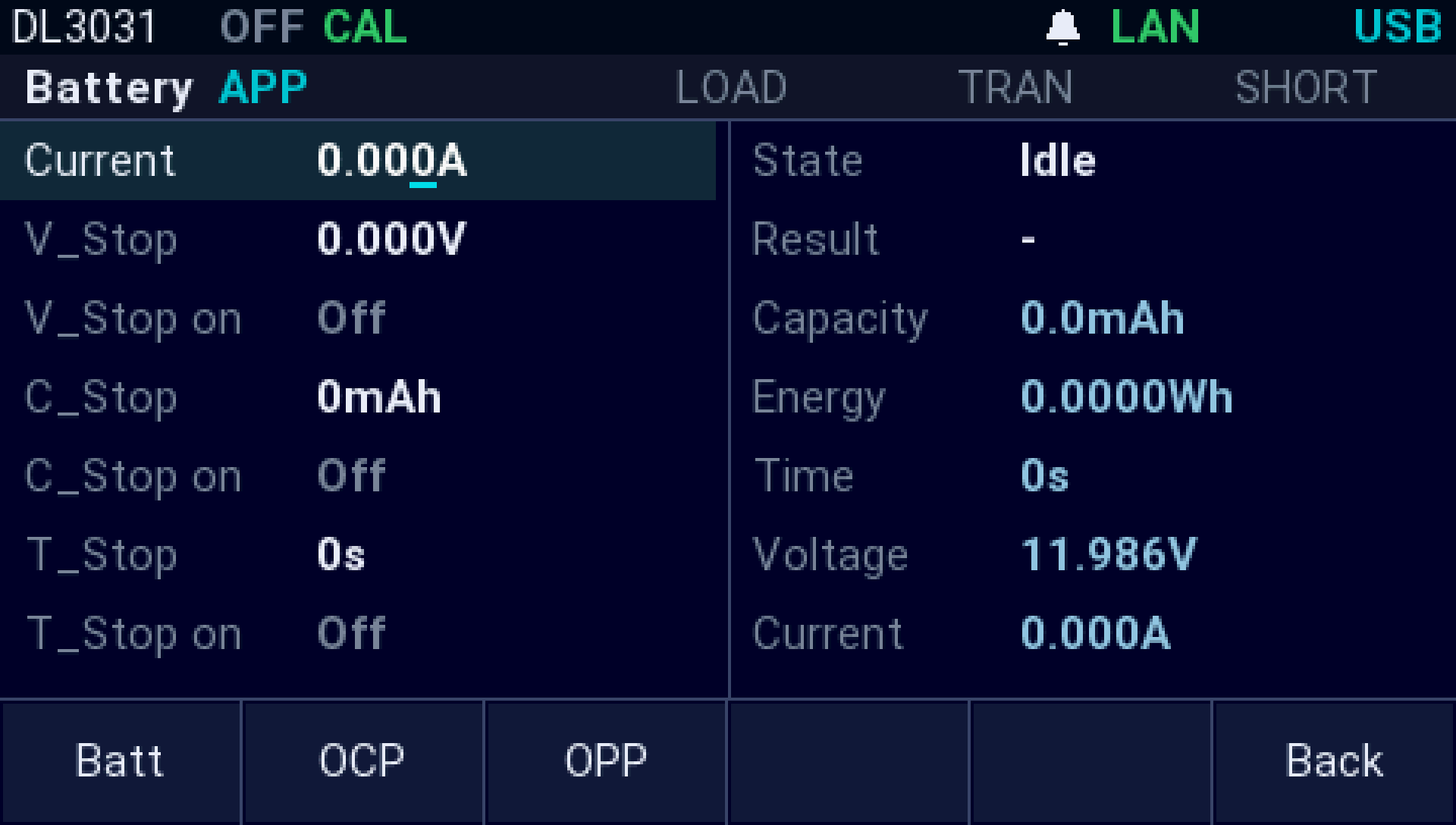 The AI firmware on a Rigol DL3031: The battery test, idle: the current and the voltage, capacity and time stops on the left; the state, result, capacity, energy, time and readings on the right