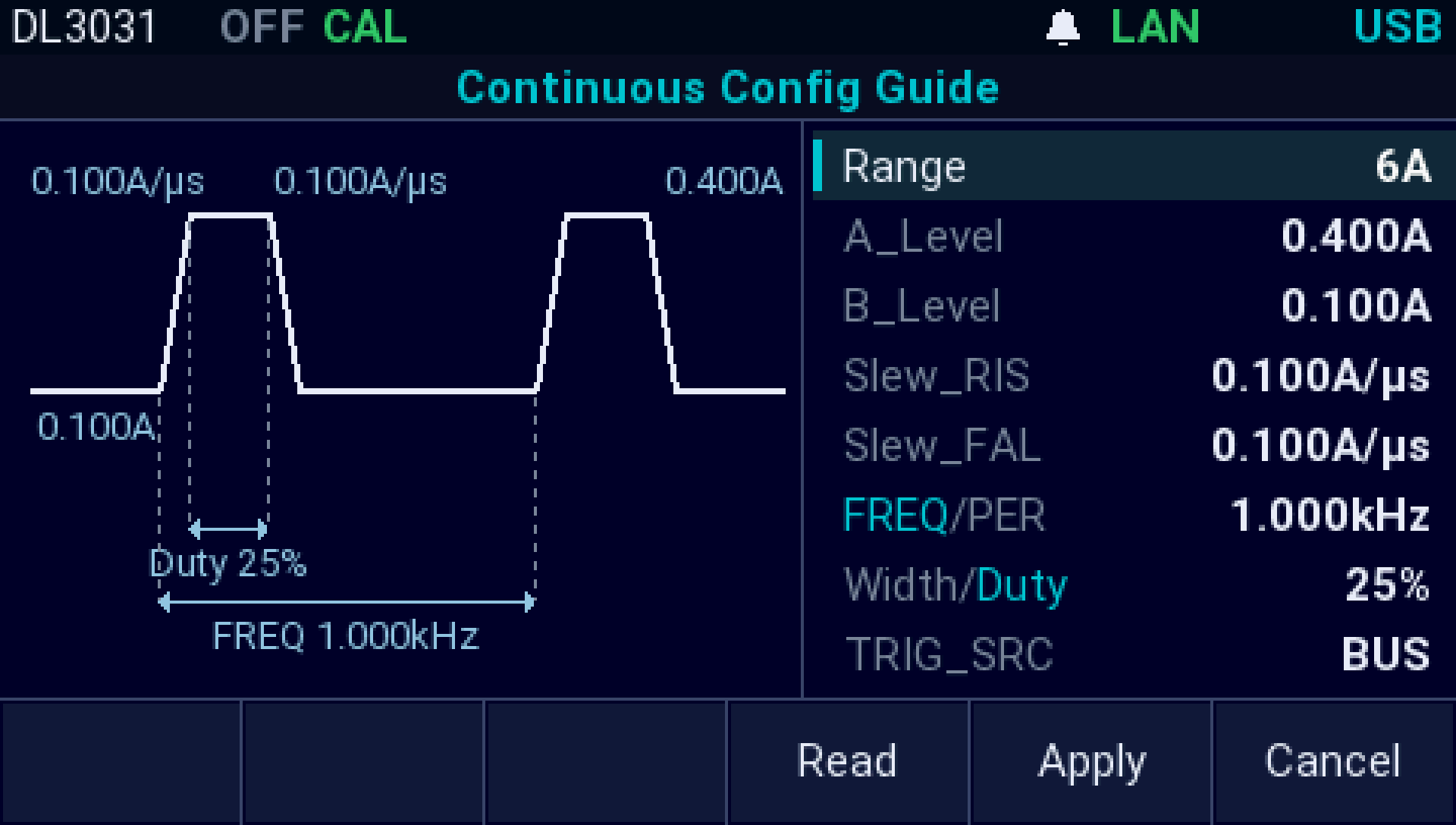 The AI firmware on a Rigol DL3031: Con opens the Continuous Config Guide: the diagram drawn from its values (A 0.400 A, B 0.100 A, 1 kHz, 25 % duty), with Read, Apply and Cancel