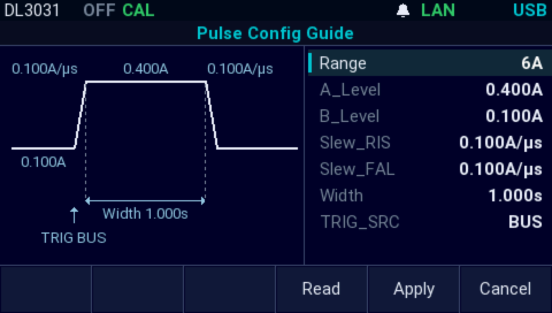 The AI firmware on a Rigol DL3031: The Pulse Config Guide: one pulse of the A level for the set width, 1.000 s here, at each trigger