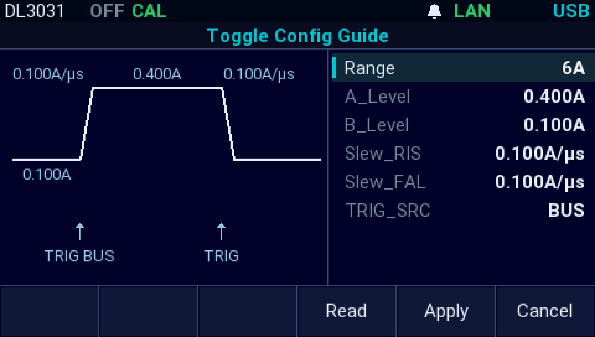The AI firmware on a Rigol DL3031: The Toggle Config Guide: each trigger switches between the A and B levels