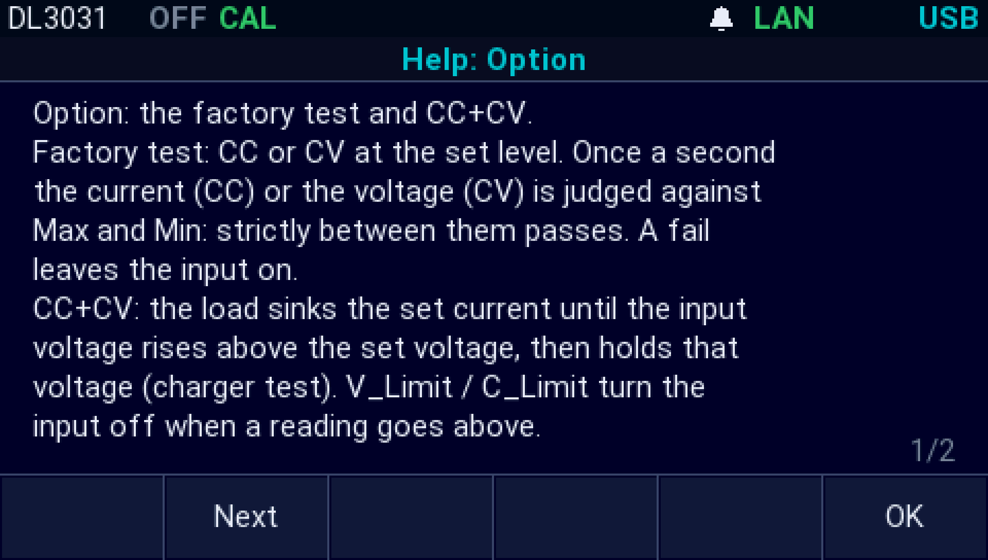 The AI firmware on a Rigol DL3031: Help, then Option: the key's topic, page 1 of 2, on the factory test and CC+CV