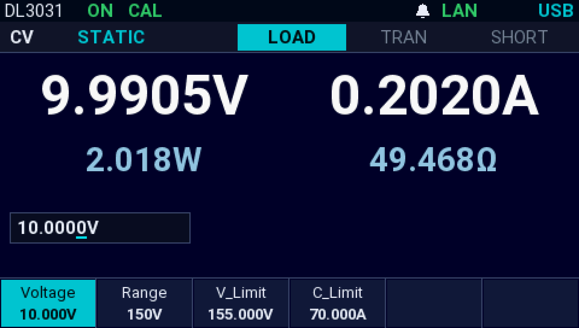 The AI firmware on a Rigol DL3031: CV at 10.000 V with the supply at its 0.2 A current limit: 9.9905 V, 0.2020 A