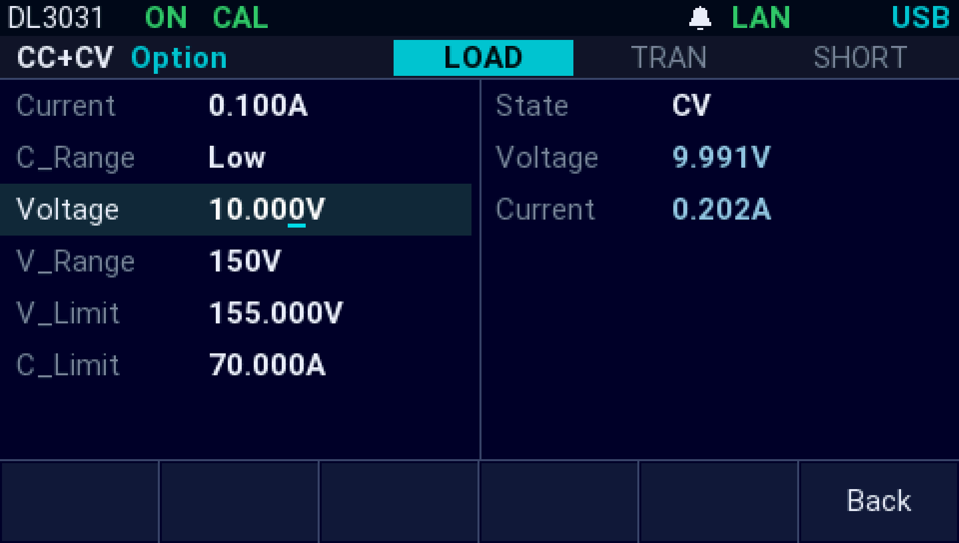 The AI firmware on a Rigol DL3031: CC+CV at 0.100 A and 10.000 V, in its CV state: 9.991 V at 0.202 A, the supply at its 0.2 A limit