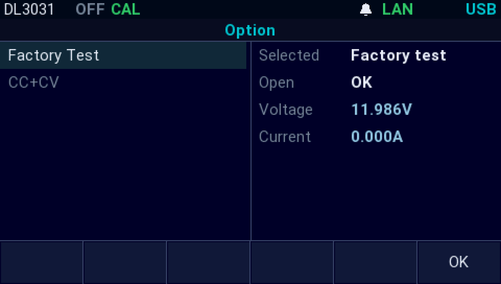The AI firmware on a Rigol DL3031: The Option key: Factory Test and CC+CV, with the input's voltage and current beside them