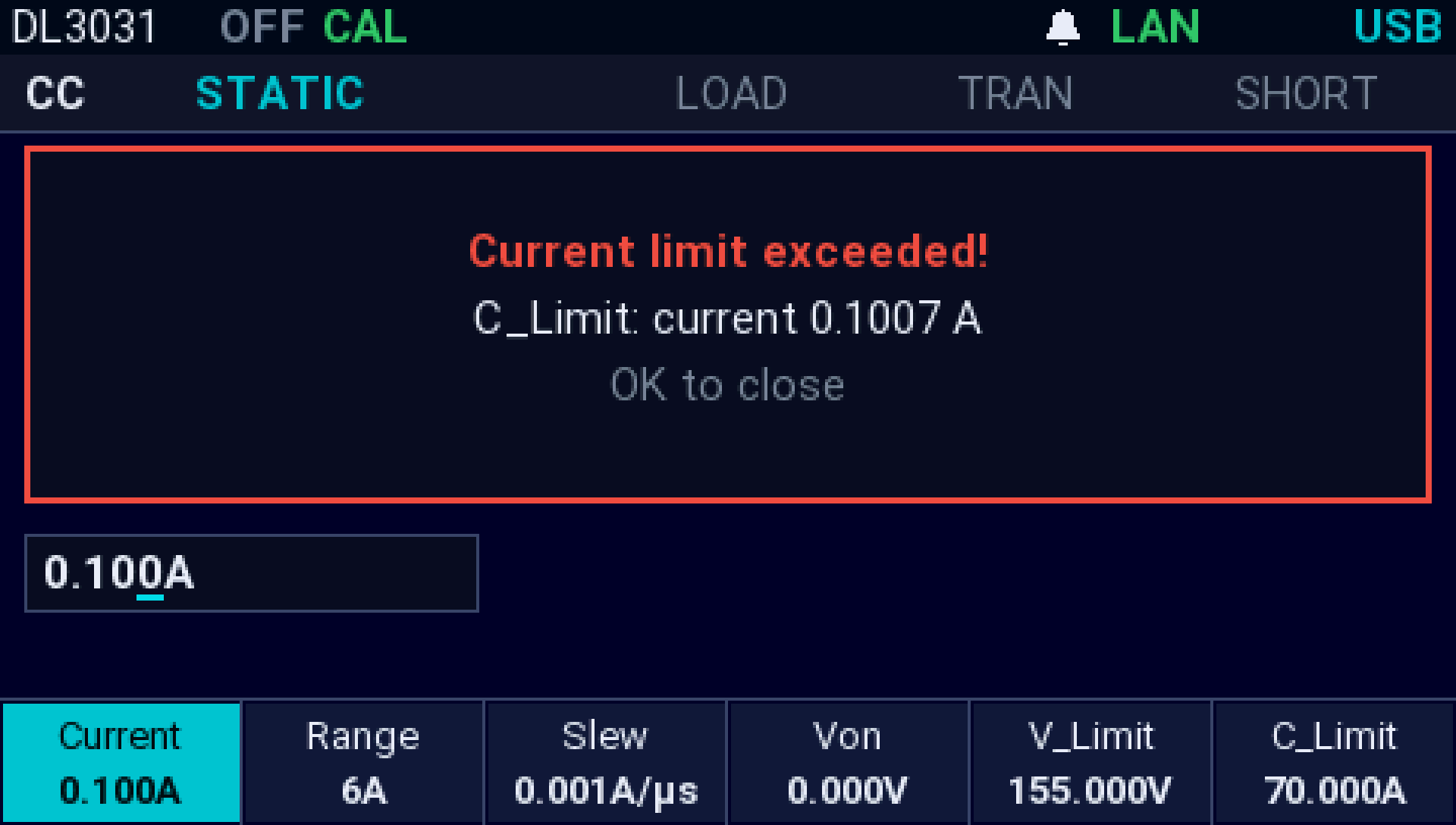 The AI firmware on a Rigol DL3031: A C_Limit trip: the input goes off and the prompt gives the reading that tripped it, 0.1007 A