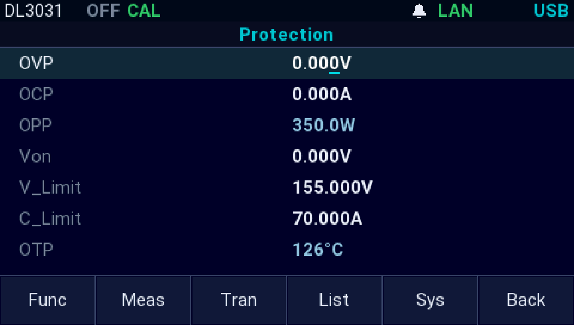 The AI firmware on a Rigol DL3031: The Protection page: OVP, OCP, OPP, Von, V_Limit, C_Limit and OTP in one list