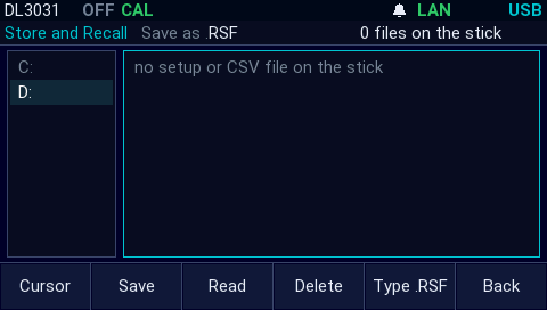 The AI firmware on a Rigol DL3031: Store and Recall: the USB stick's files (none on it here); setups save as .RSF files; Save, Read and Delete on the soft keys