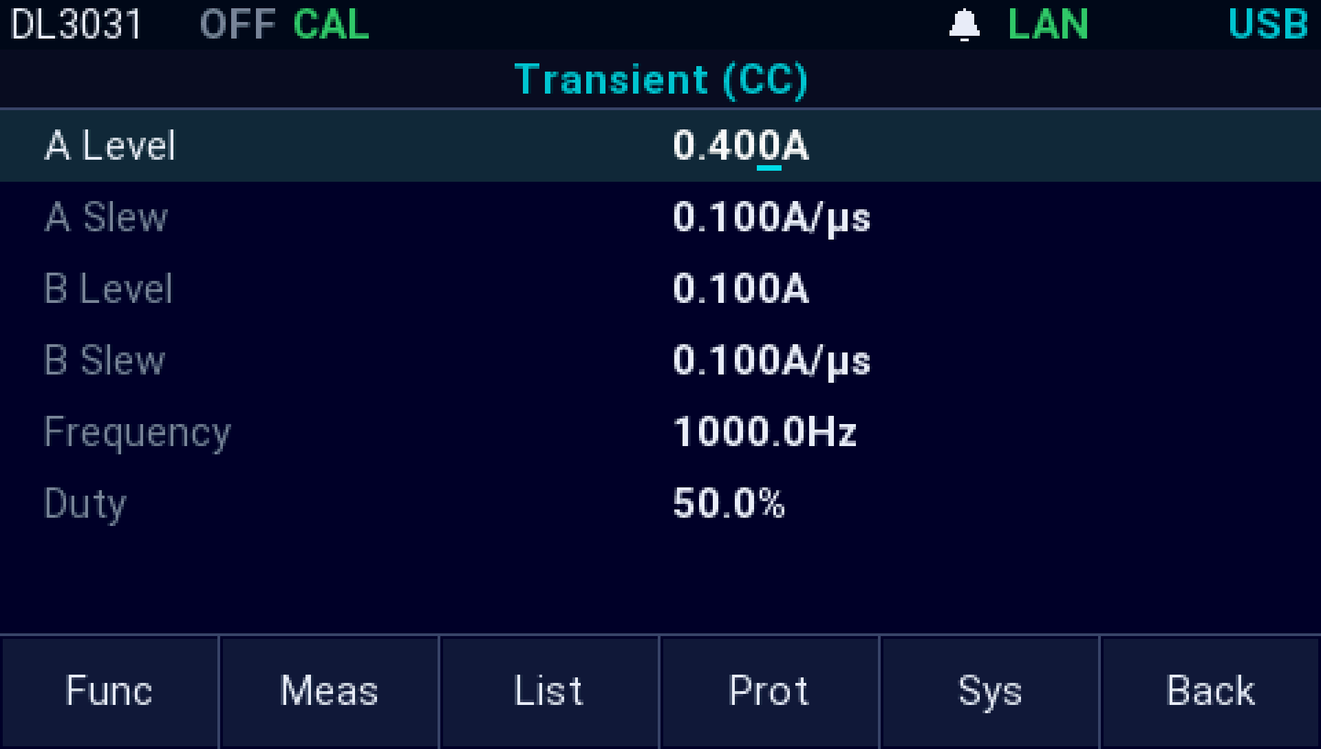 The AI firmware on a Rigol DL3031: The Transient (CC) settings: A level 0.400 A, B level 0.100 A, both slews 0.100 A/µs, 1000 Hz, 50 % duty
