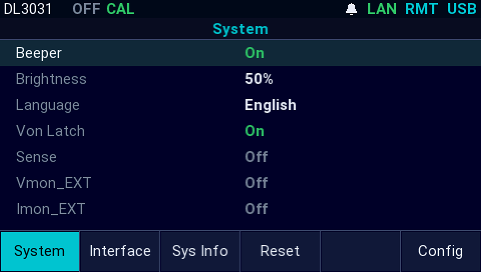 The AI firmware on a Rigol DL3031: Utility's System tab: beeper, brightness, language, Von latch, sense, Vmon_EXT and Imon_EXT